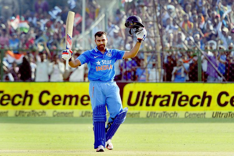 Indian batsman Rohit Sharma celebrates his century 