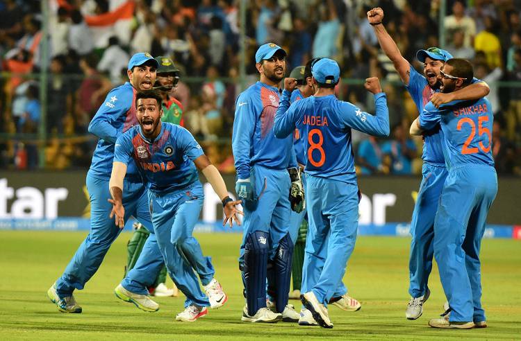 Indian players celebrate after winning the WT20 match against Bangladesh