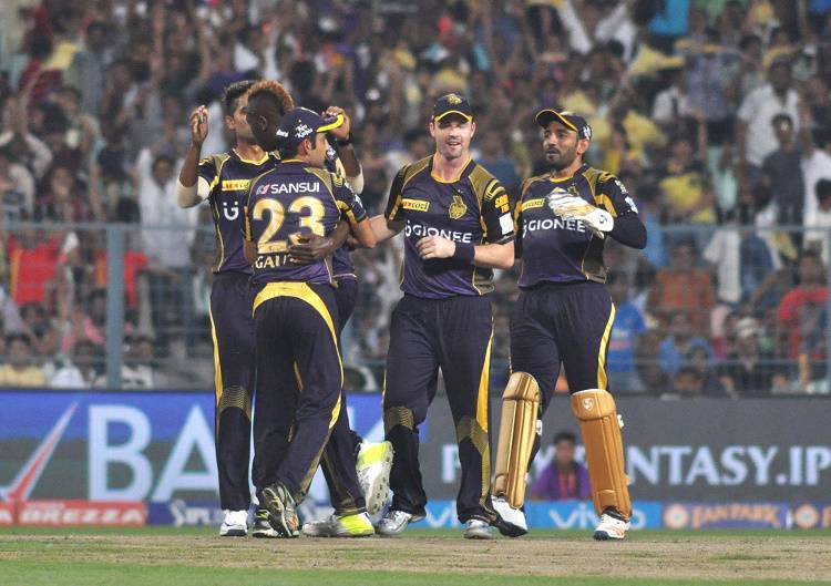 Kolkata Knight Riders celebrate fall of a wicket  in Tamil