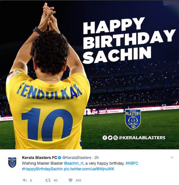 Hd Image for Cricket Kerala Blasters wished Tendulkar on birthday in Hindi