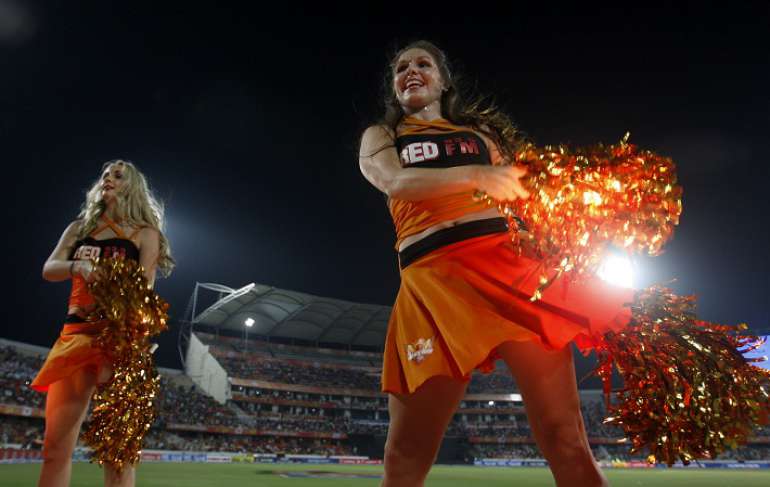 Cheerleaders perform during Hyderabad and Mumbai Match