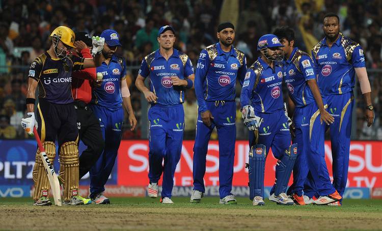 Mumbai Indians players during an IPL match against Kolkata Knight Riders in Tamil