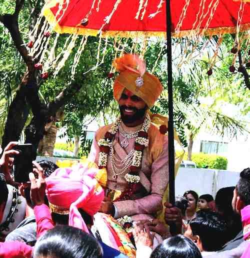 Indian cricketer Ravindra Jadeja during his baarat -wedding procession