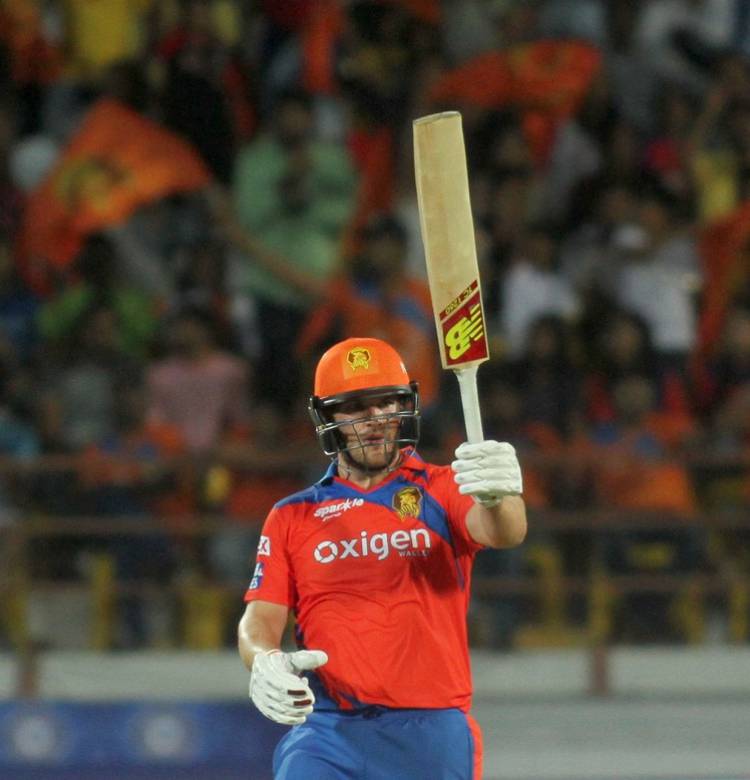 Aaron Finch of Gujarat Lions celebrates his half century